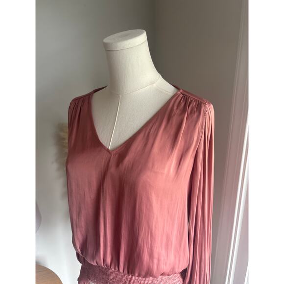 Joie Smocked Puff Sleeve Blouse Womens Small Mauve Dusty Rose Pink Top - Picture 2 of 7